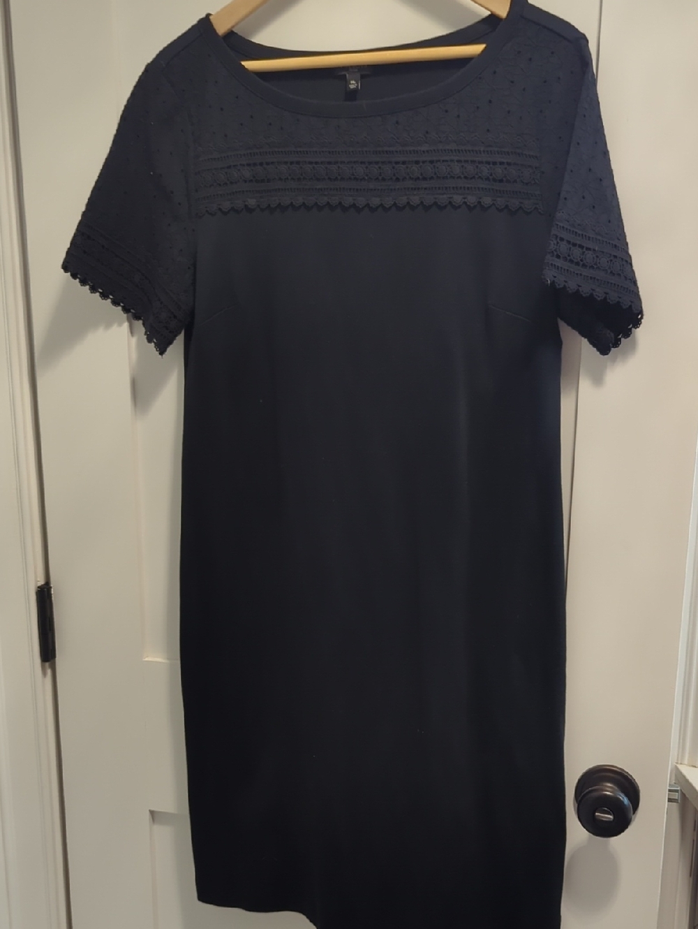 Talbots Black Eyelet Yoke Midi Dress with Scalloped Sleeve Trim